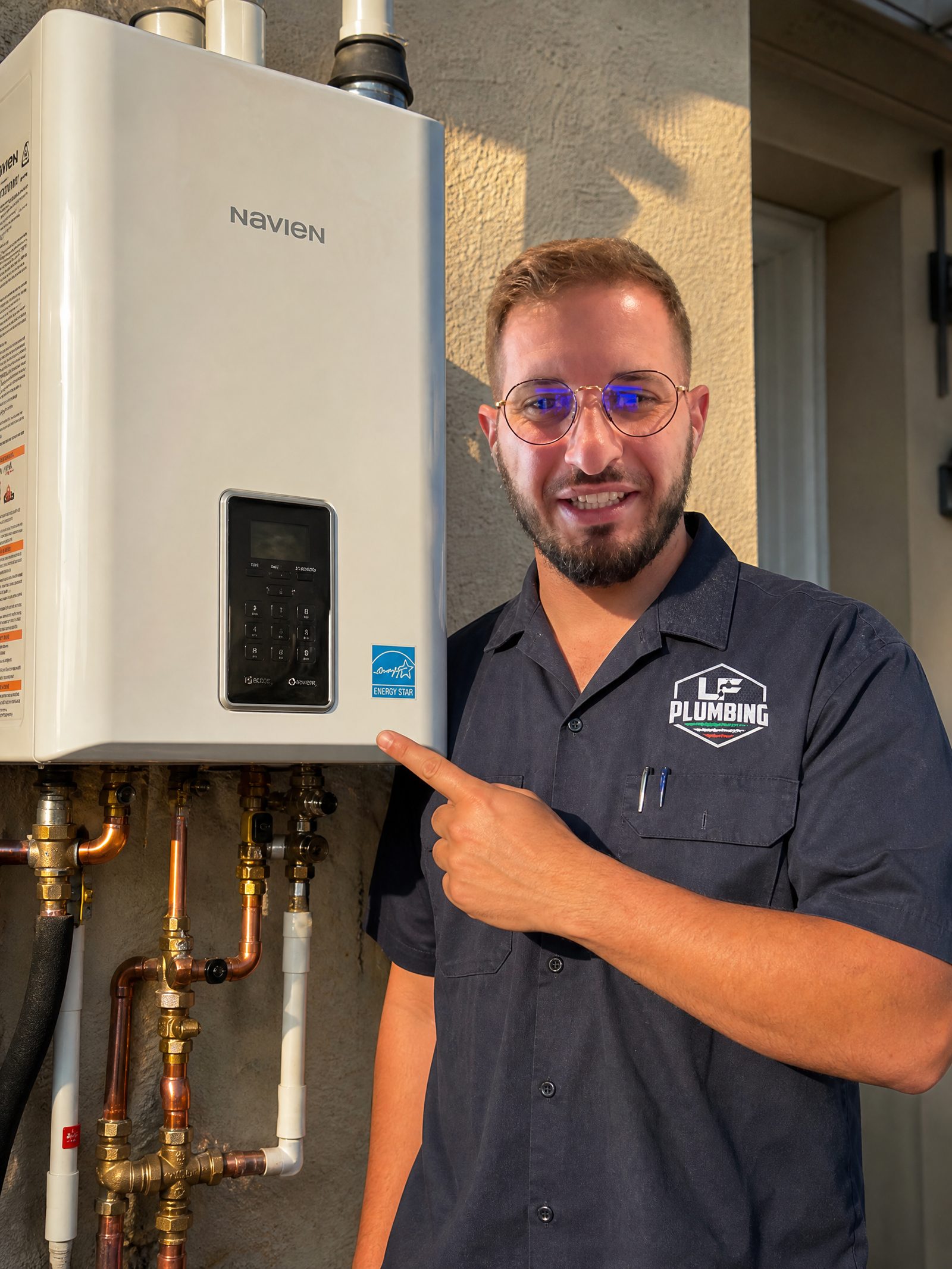 Luca Finizio pointing at a Navien tankless water heater installation in Simi Valley CA